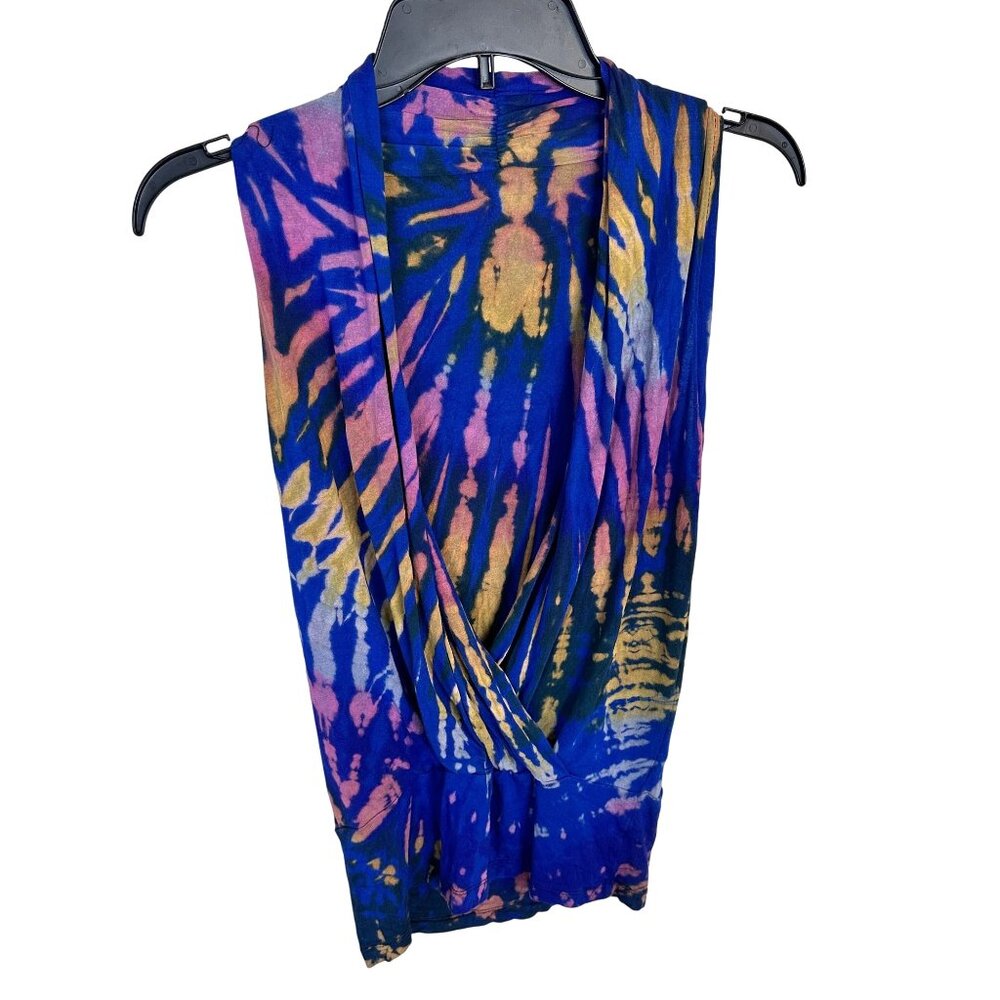 Sleeveless Tie Dye Womens Top Multicolor Blue Tank V Neck Bohemian Small Soft